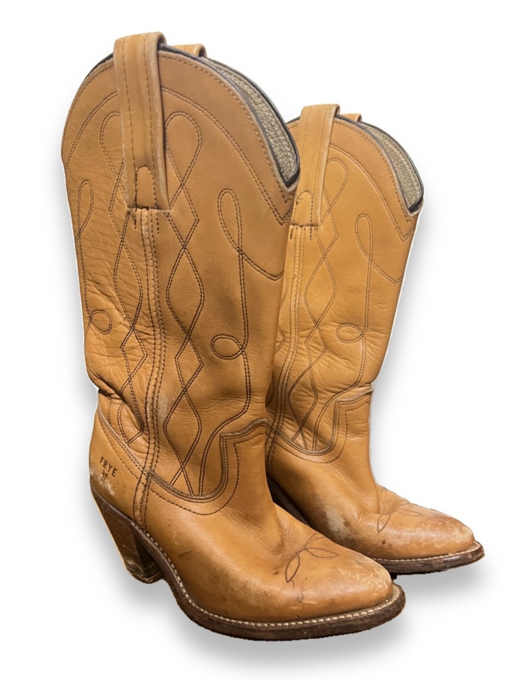 Vintage Frye 7972 Tan Leather Stacked Heel Made In USA Western Cowboy Boots